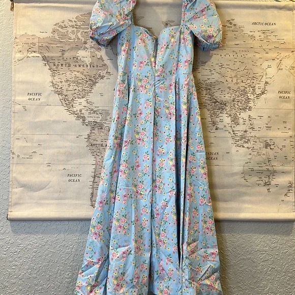 House of CB Tallulah Blue Vintage Floral Puff Sleeve Midi Dress - Picture 13 of 13